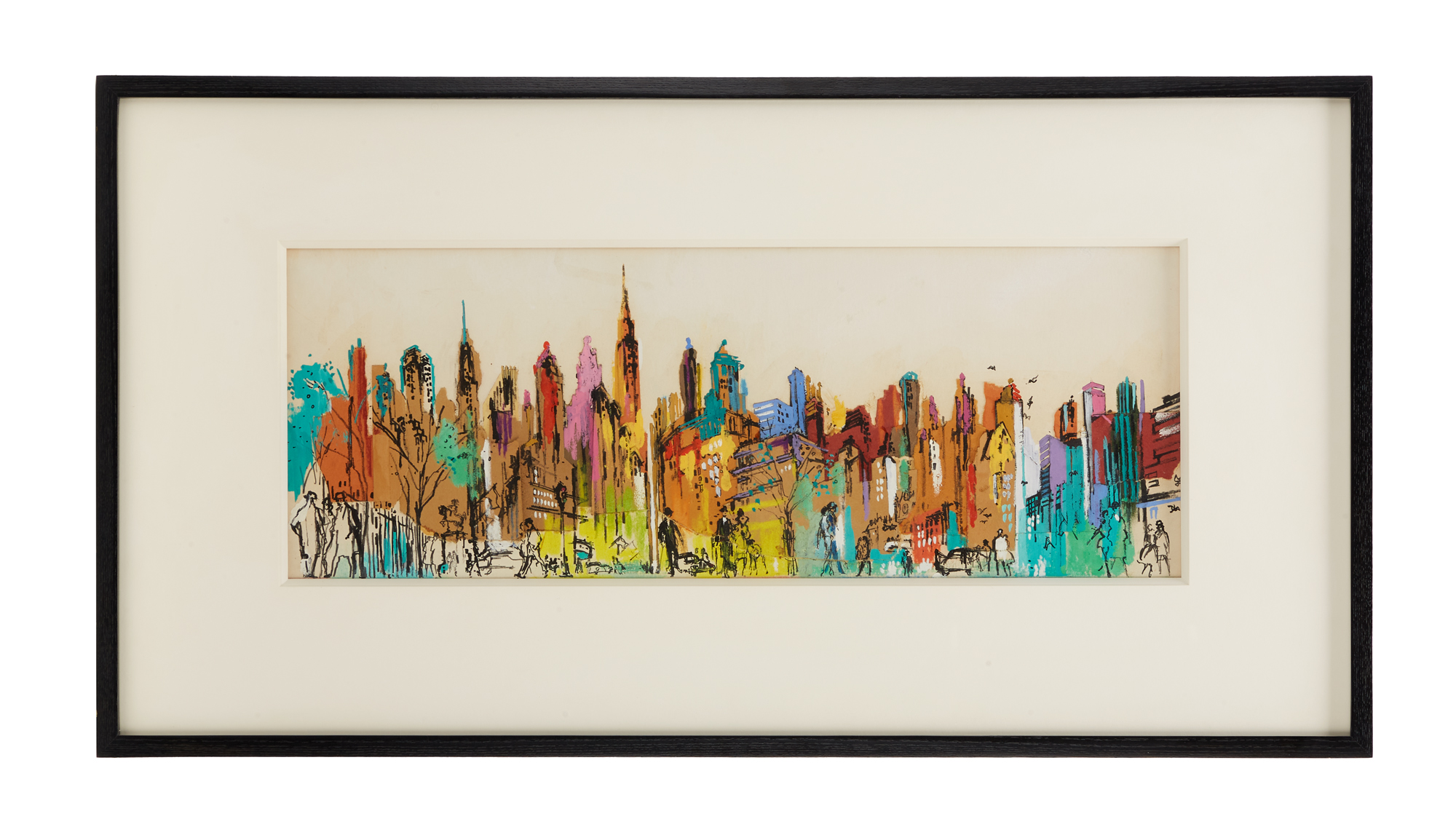 A LeRoy Neiman 1956 watercolor, ink, and collage drawing of the New York City skyline