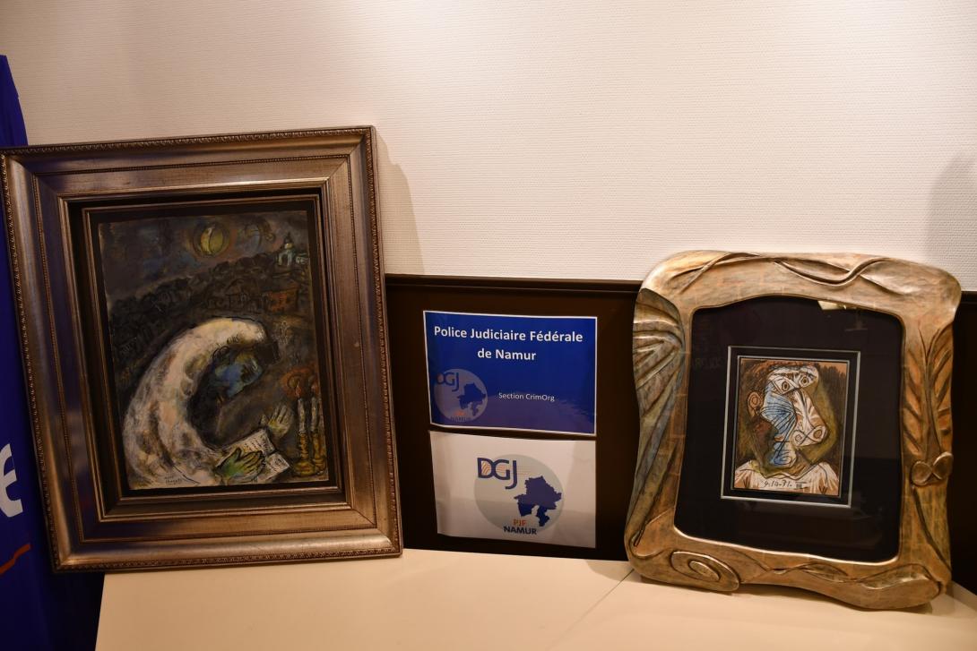 The two Chagall and Picasso paintings side by side after Belgian authorities recovered them