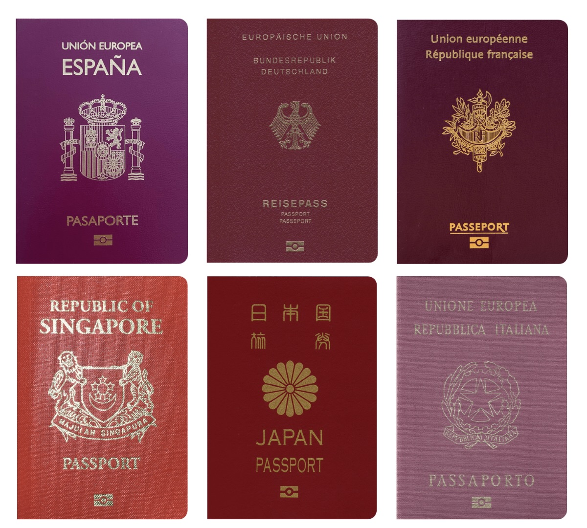 The passports of Spain, Germany, France, Singapore, Japan, and Italy
