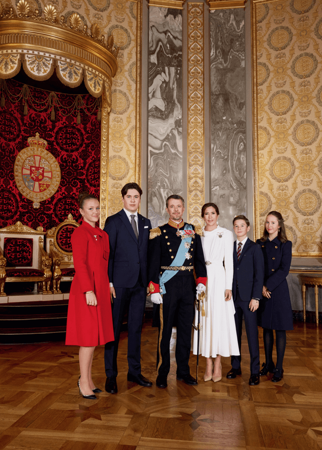 Denmark's royal family (L-R): Princess Isabella, Prince Christian, King Frederik X, Queen Mary, Prince Vincent, and Princess Josephine
