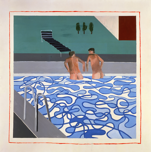 Like “California,” Hockney’s “Two Boys in a Pool, Hollywood” also features the artist’s more stylistic approach to painting water