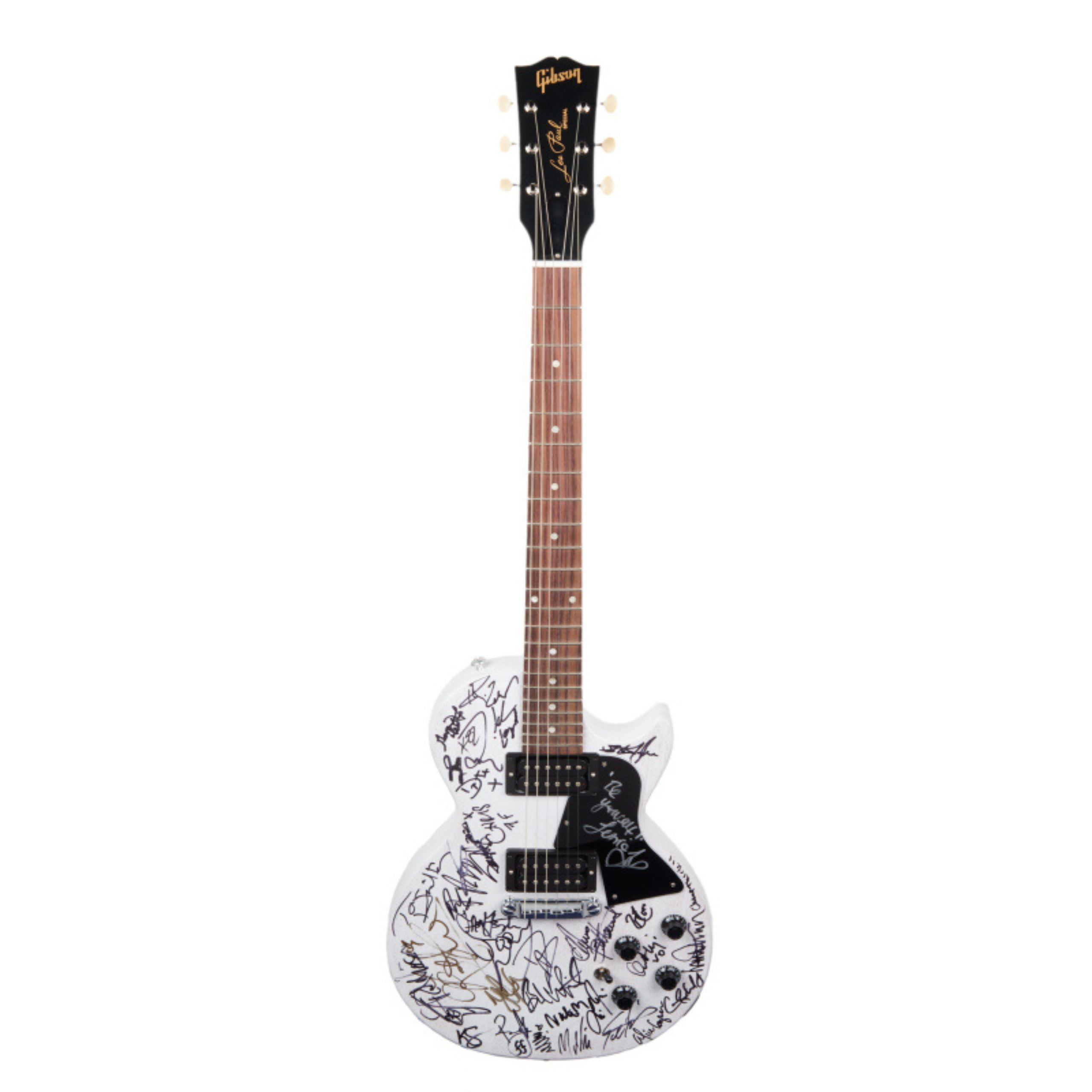 A guitar signed by several artists is for sale at an auction for charity