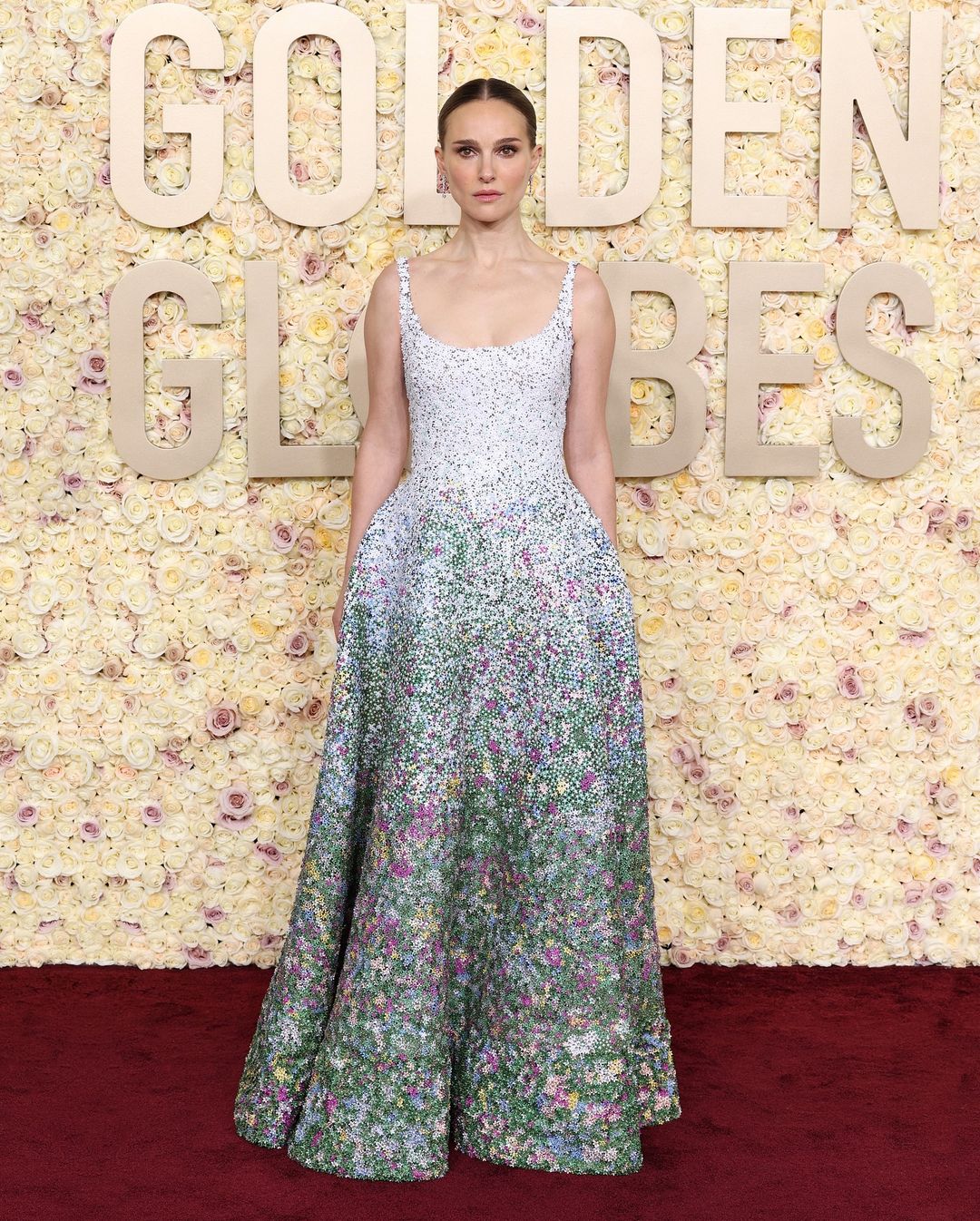 Natalie Portman is a flower goddess with a custom Dior gown with embroidered micro-florals
