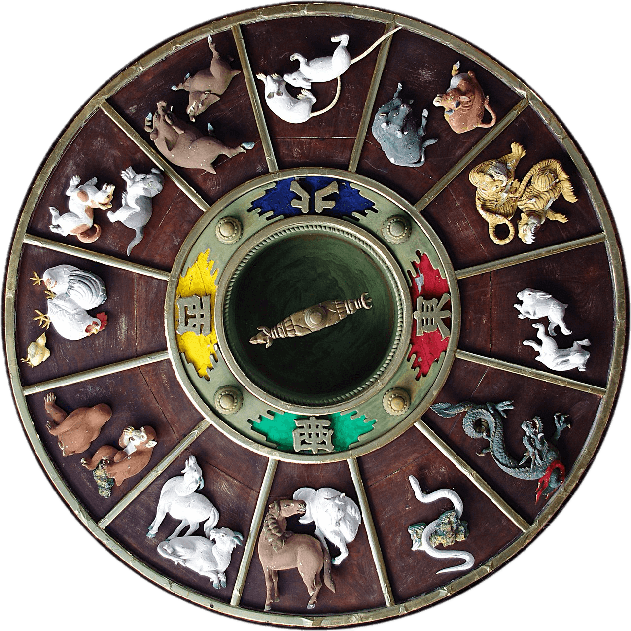 A Chinese zodiac wheel with carvings of its 12 animal signs