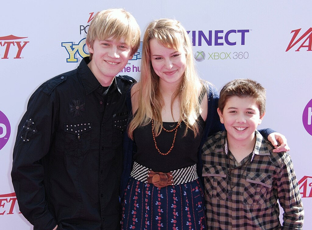 Bridgit Mendler with her Good Luck Charlie co-stars, Jason Dolley and Bradley Steven Perry