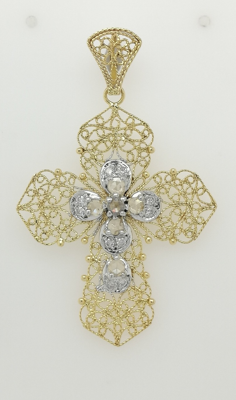 Cross gold filigree pendant with diamonds by JJ Jiao