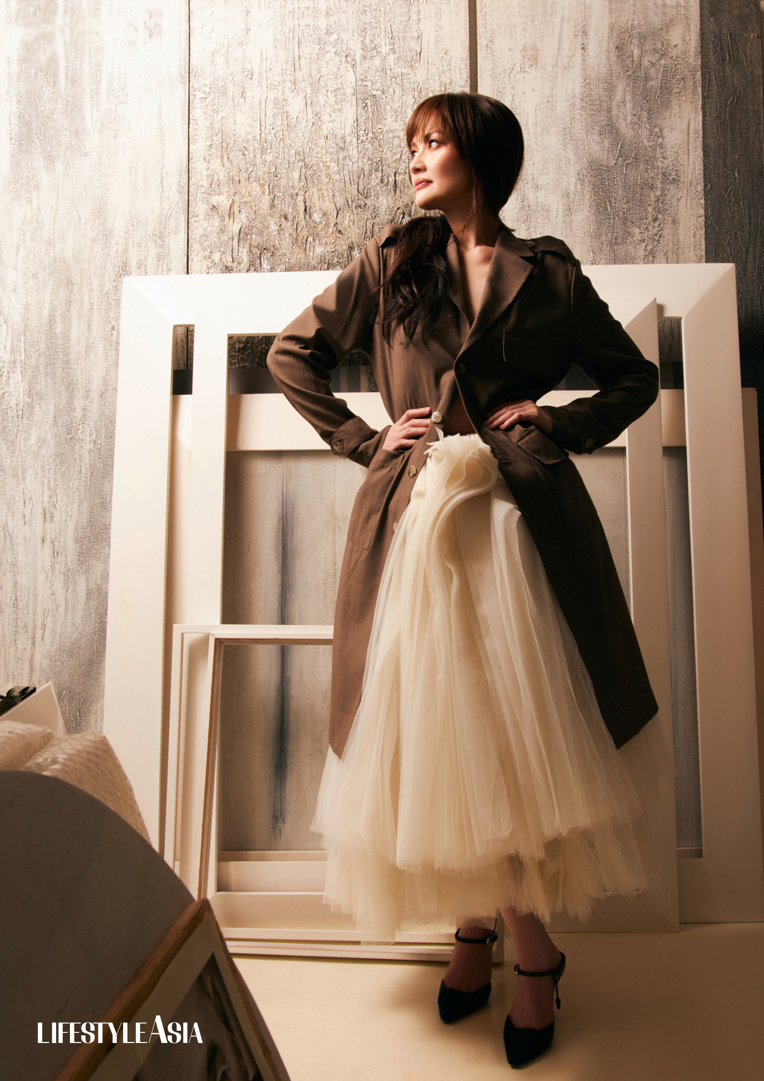Taupe wool backless trench coat and Ivory silk organza book-leaf skirt, JOEY SAMSON