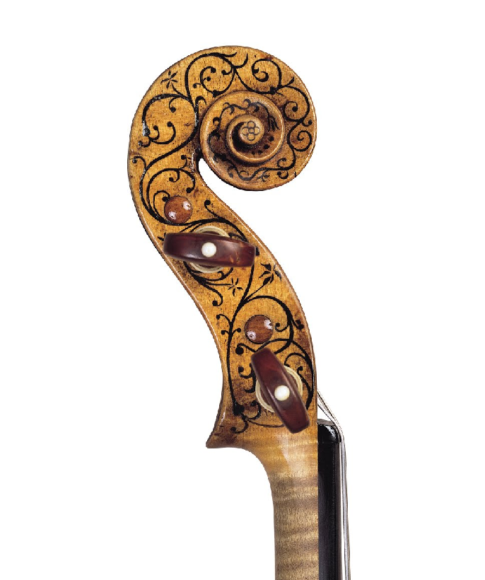 A close-up of the “Hellier” violin’s scroll