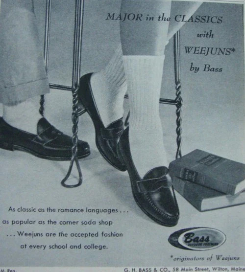 G.H. Bass’ “Larson Weejuns” loafer in wine and an old newspaper ad for the brand’s Weejuns/Photos from the G.H. Bass website