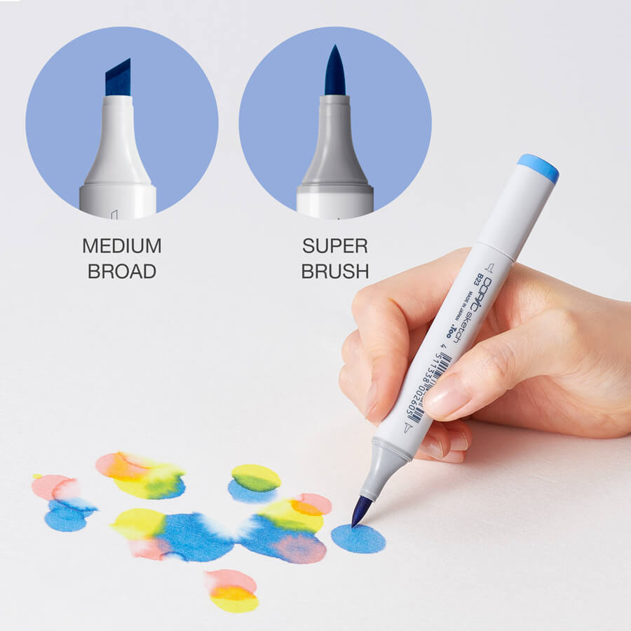 Every Copic marker sports a double-ended design for many uses and techniques