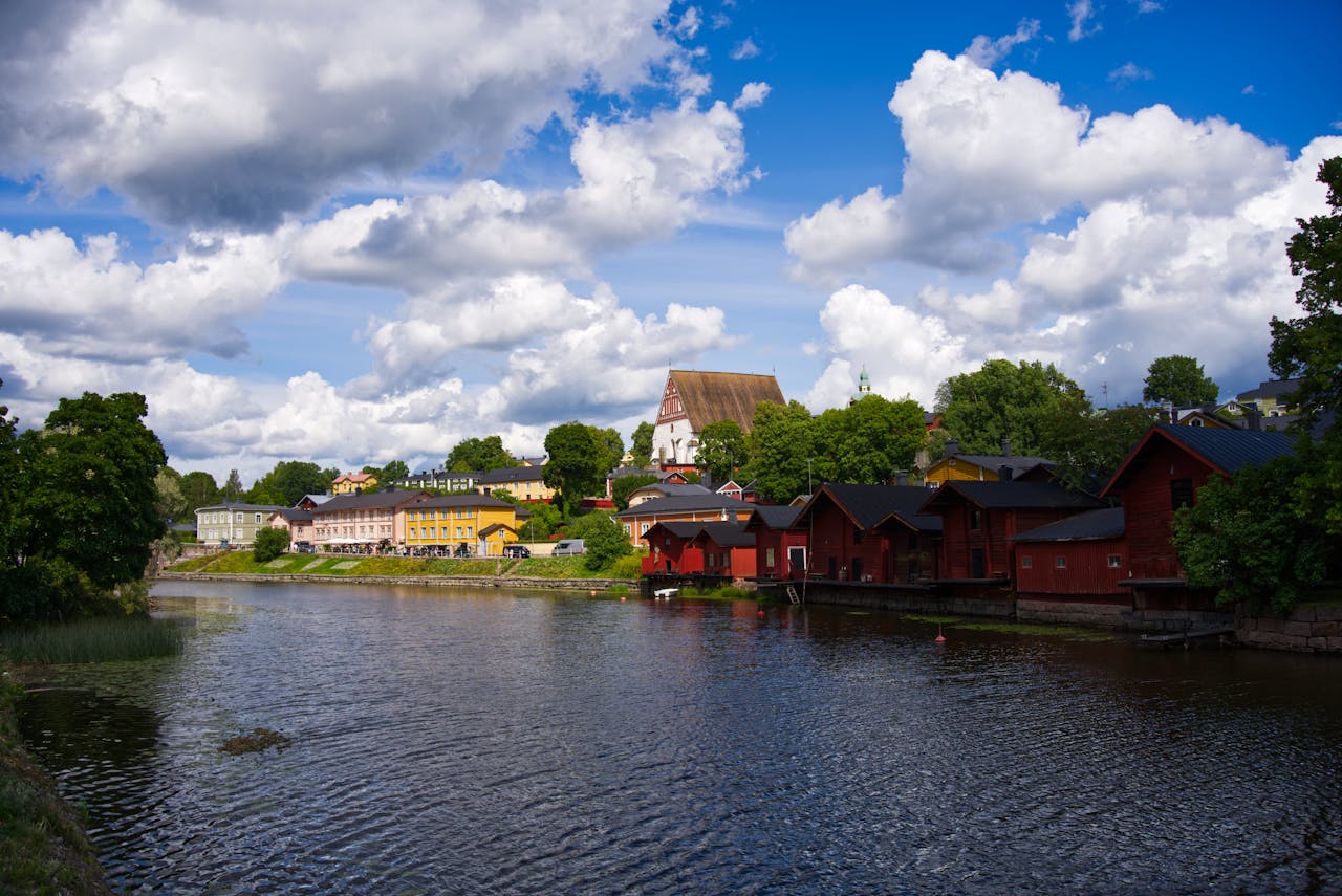 Traditional buildings by the river in Finland