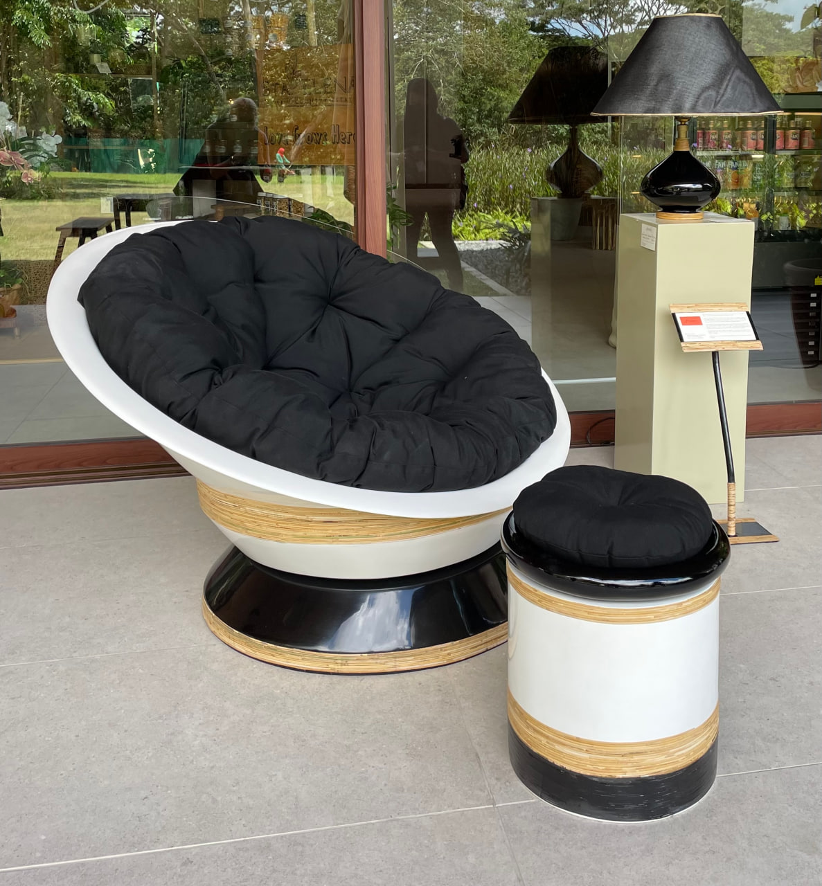 Papasan in resin with footstool in resin, Mr Palmer in upcycled handcut and hammered metal cans