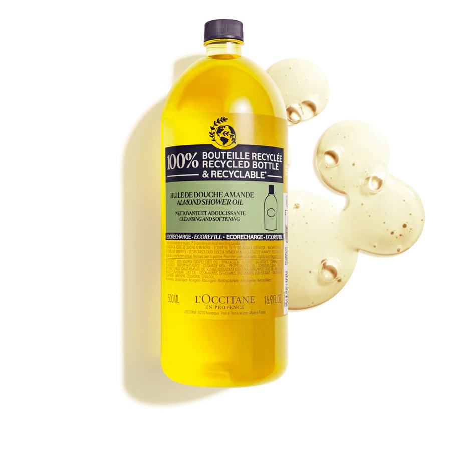 L'Occitane Almond Shower Oil and its refill in an eco bottle