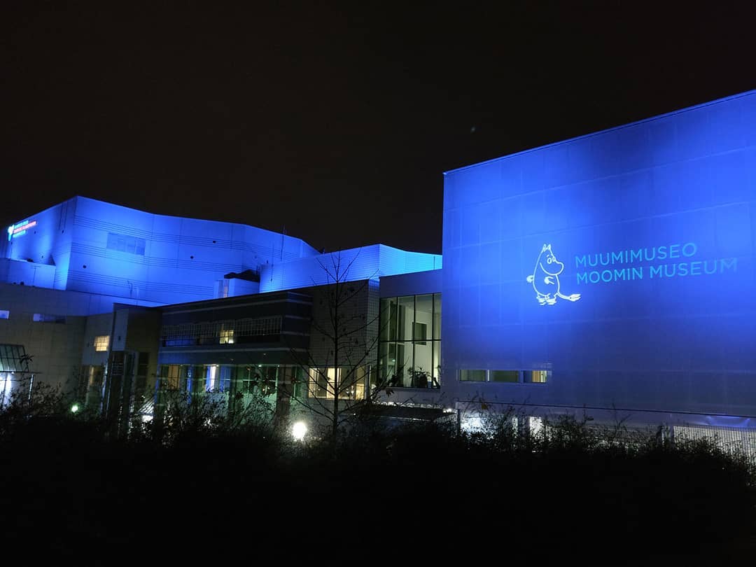 The Moomin Museum facade at night