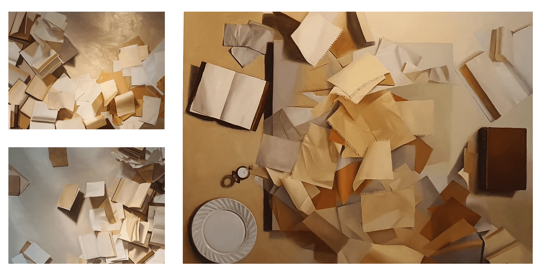 Chelsea Theodossis' art. With a calm and disciplined approach, Theodossis paints collections of books and loose pages, all blank and unwritten, symbolizing the many people whose stories she hopes were written, shared, or at least heard. 