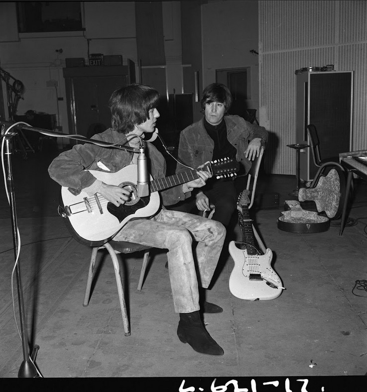 George Harrison and John Lennon with the Framus Hootenanny