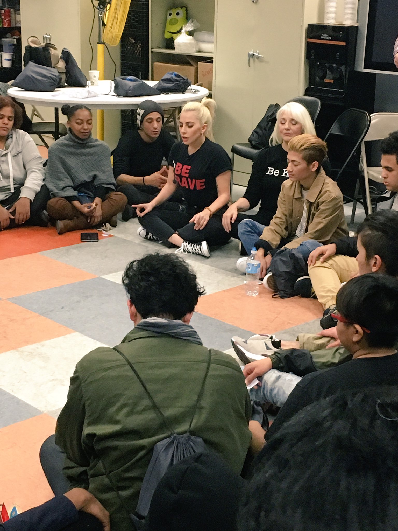 Lady Gaga at the Ali Forney Centre with LGBTQ+ youth during her 2016 visit celebrities 