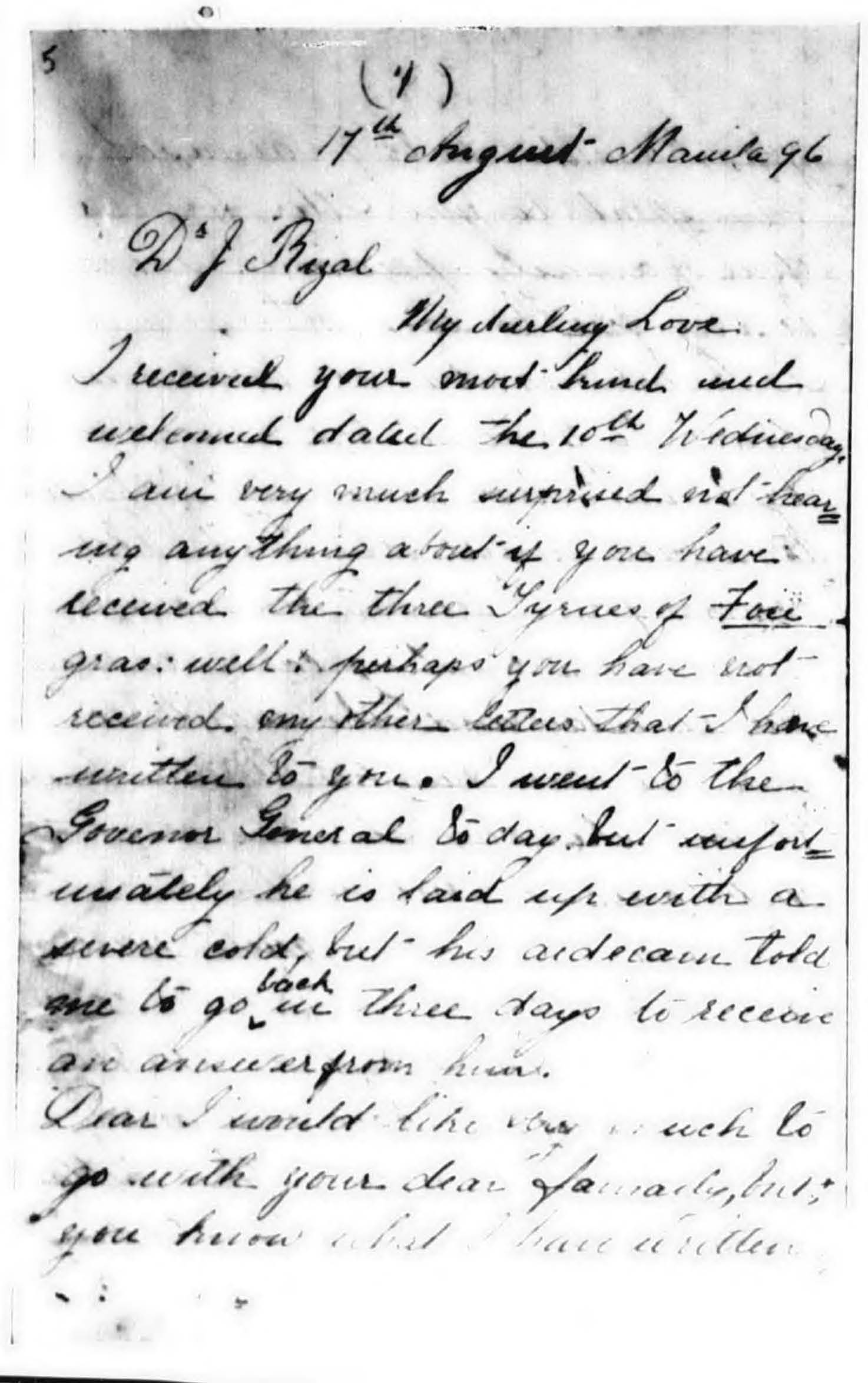 The scan of a letter from Josephine Bracket to Jose Rizal (dated August 1896) Filipino courtship