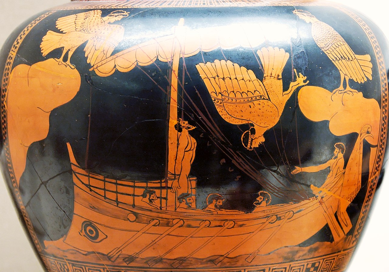 Detail from an attic red-figured stamnos (c. 480 to 470 BC), depicting Odysseus and the sirens